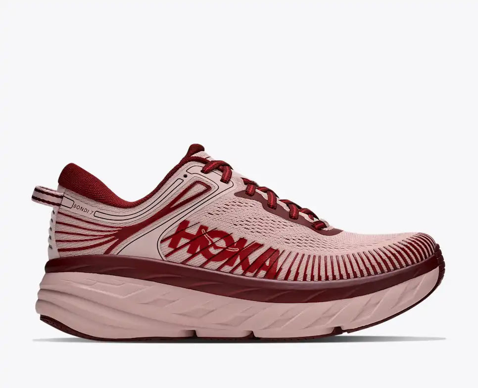 HOKA Bondi 7 Women's product view 1 — Pink Opal / Varsity Burgundy