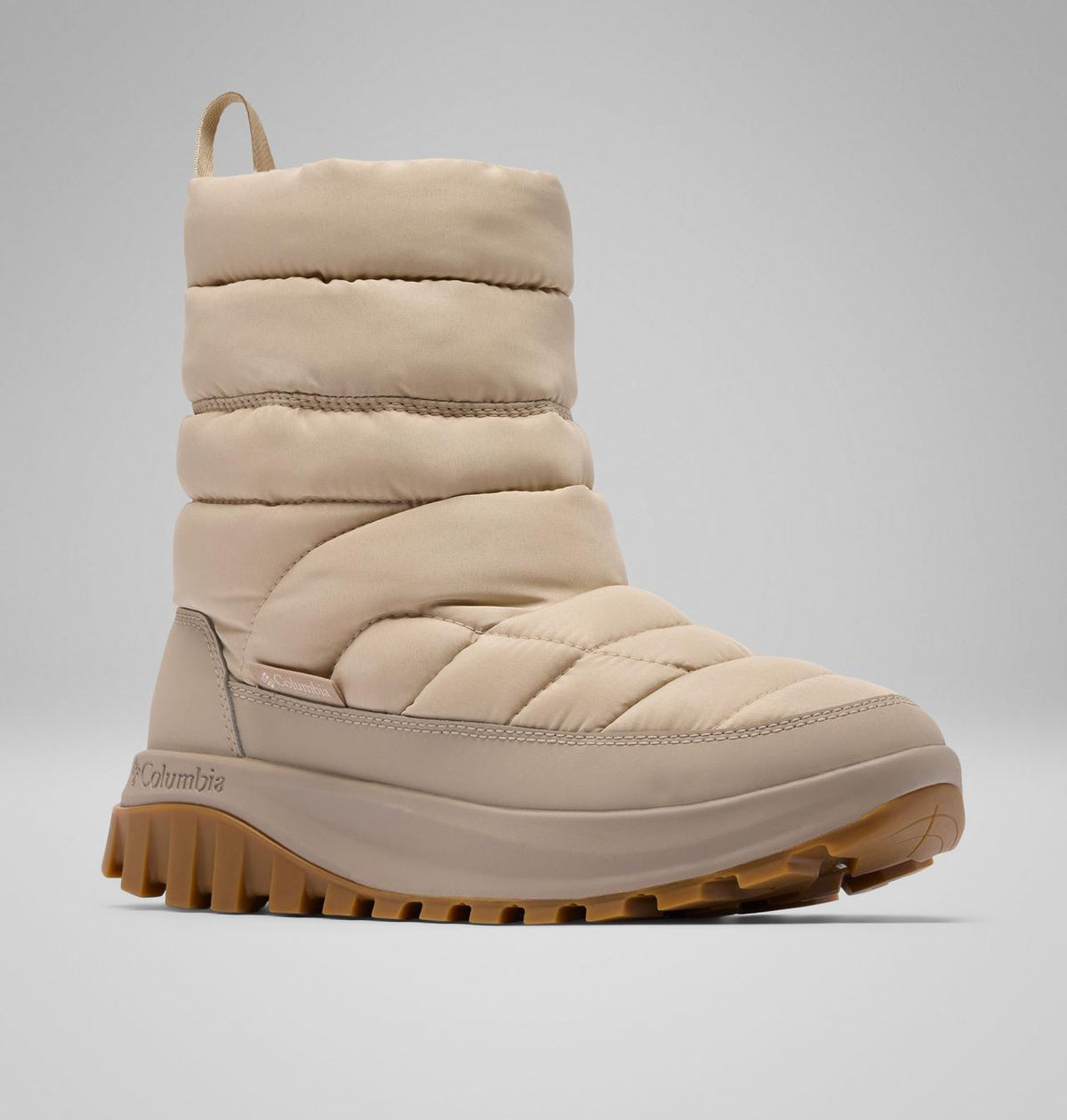 Columbia Snowtrot Waterproof Snow Boots Women product view 3 — Ancient Fossil, Oxford Tan