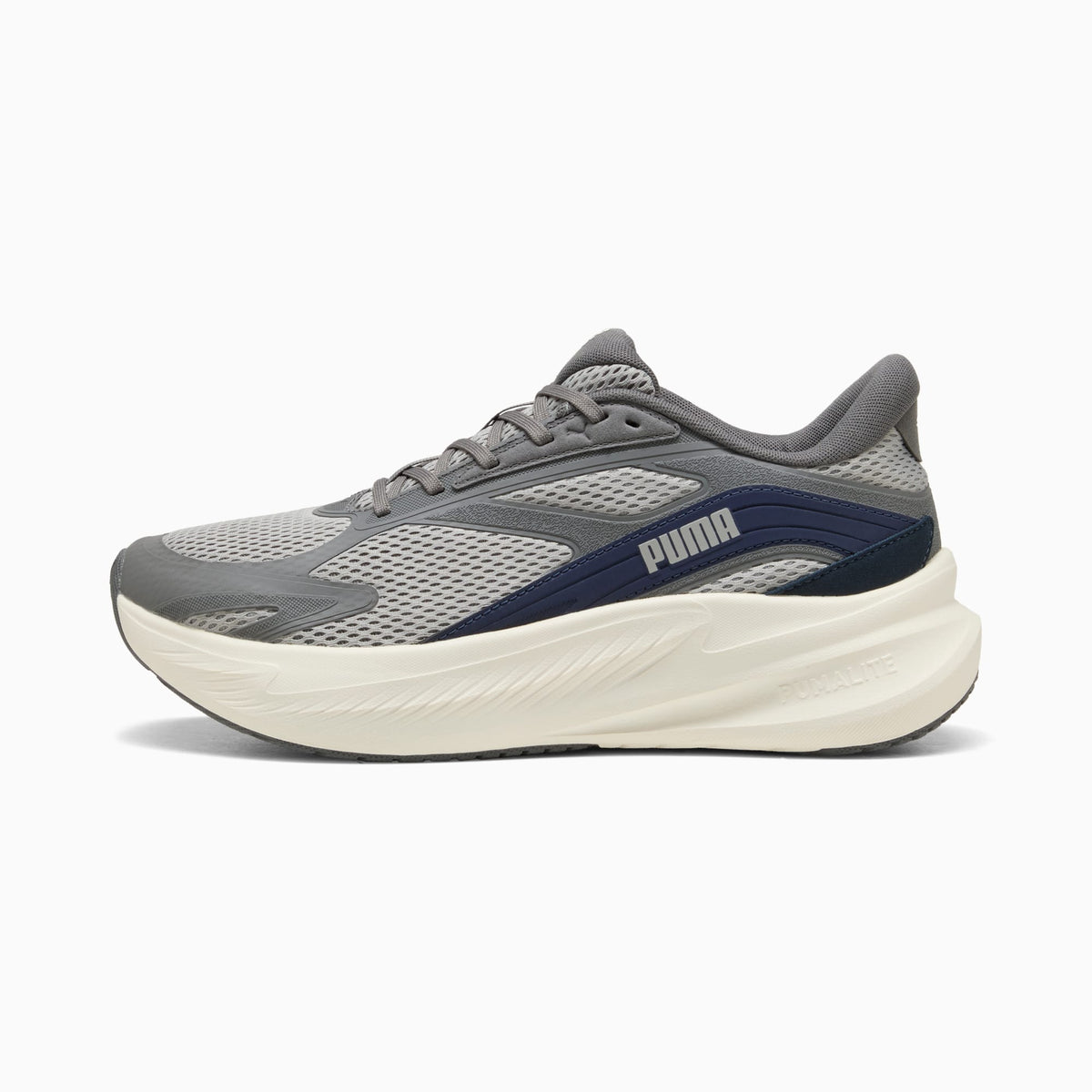 PUMA MaxStride Lite Running Shoes Unisex product view 1 — Warm White-PUMA Navy-Cool Dark Gray-Gray Echo