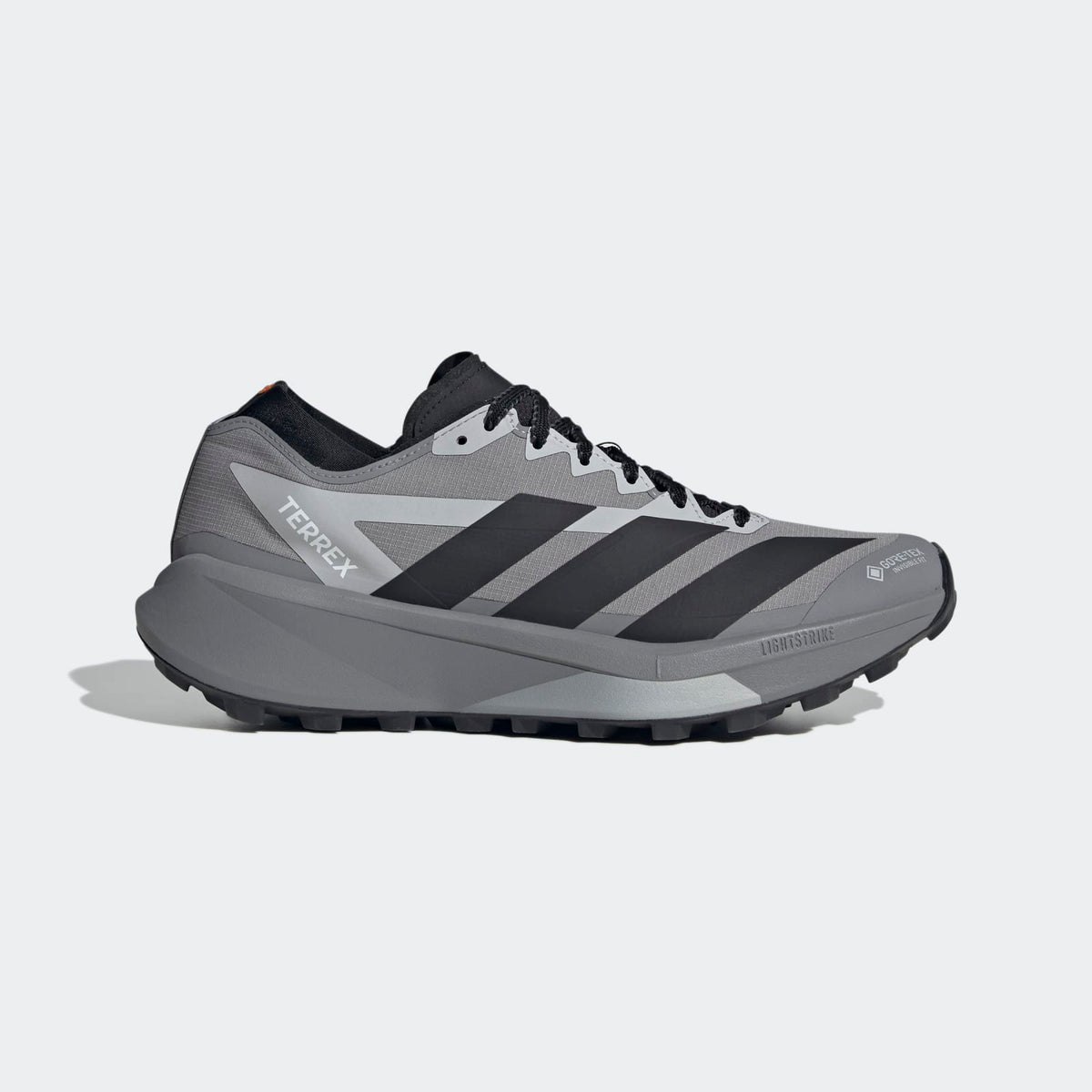 Adidas Terrex Agravic GTX 2 Trail Running Shoes Men - Side Lateral Center View - Grey Three / Core Black / Semi Impact Orange