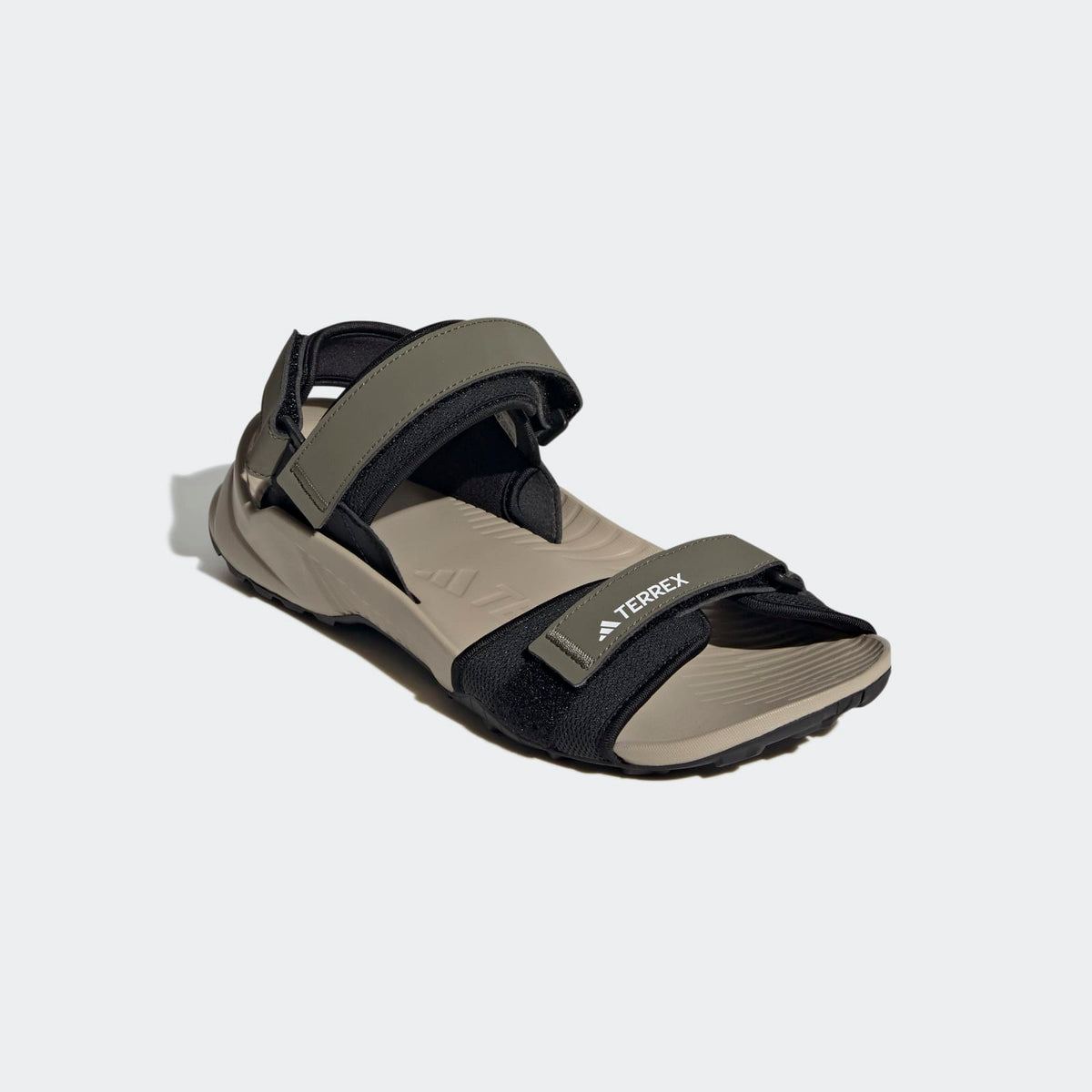 Adidas Terrex Hydroterra Sandals - Front Lateral Top View - Olive Strata / Core Black / Wonder Beige