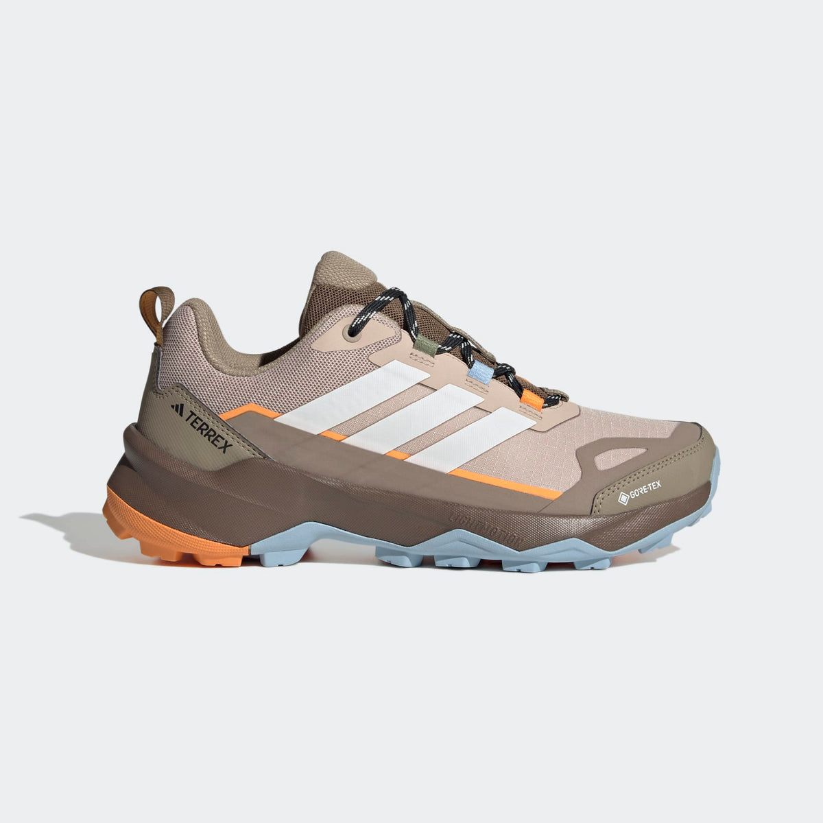 Adidas Terrex Skychaser AX5 GORE-TEX Hiking Shoes Women - Side Lateral Center View - Wonder Taupe / Off White / Glow Blue