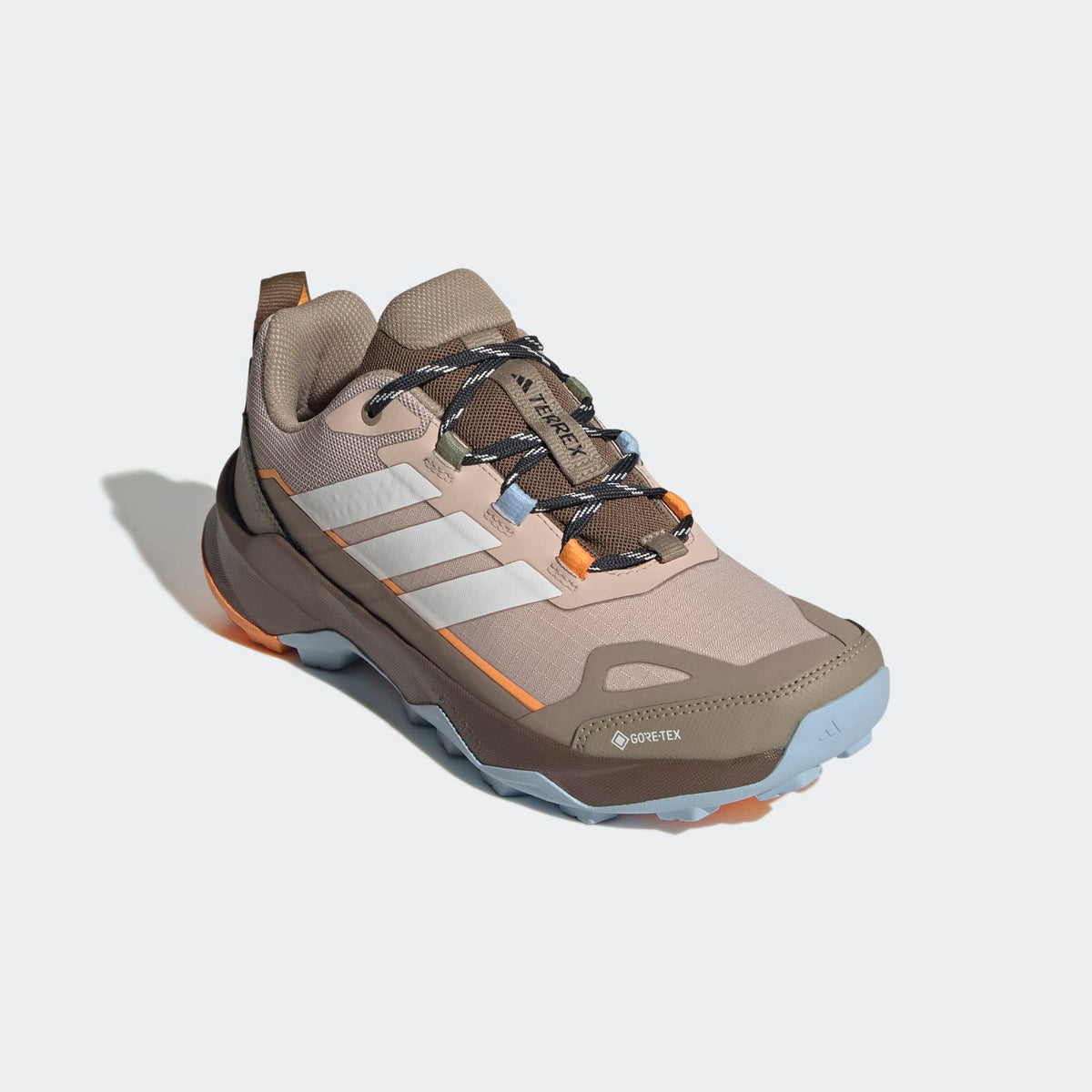 Adidas Terrex Skychaser AX5 GORE-TEX Hiking Shoes Women - Front Lateral Top View - Wonder Taupe / Off White / Glow Blue