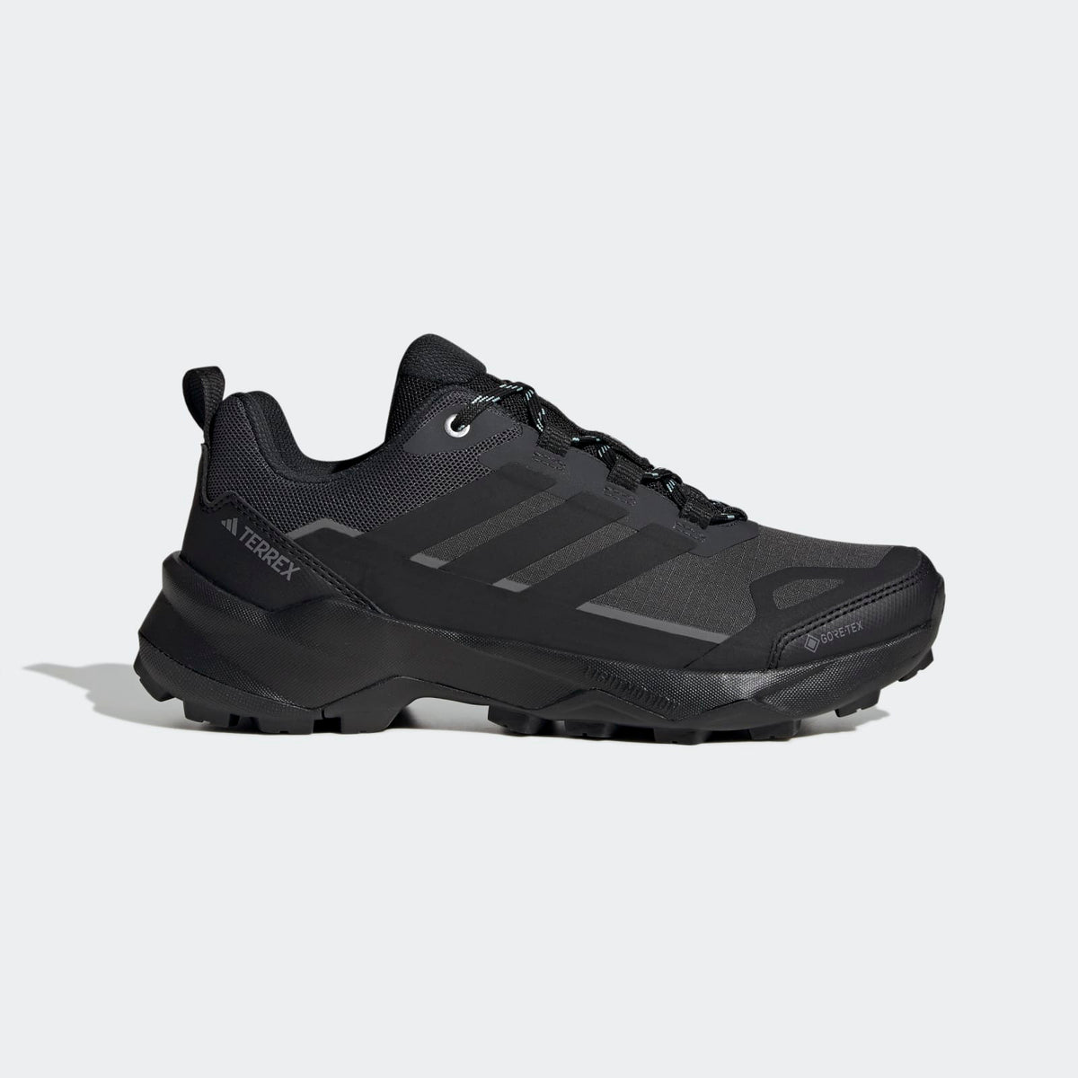 Adidas Terrex Skychaser AX5 GORE-TEX Hiking Shoes Women - Side Lateral Center View - Carbon / Core Black / Semi Flash Aqua