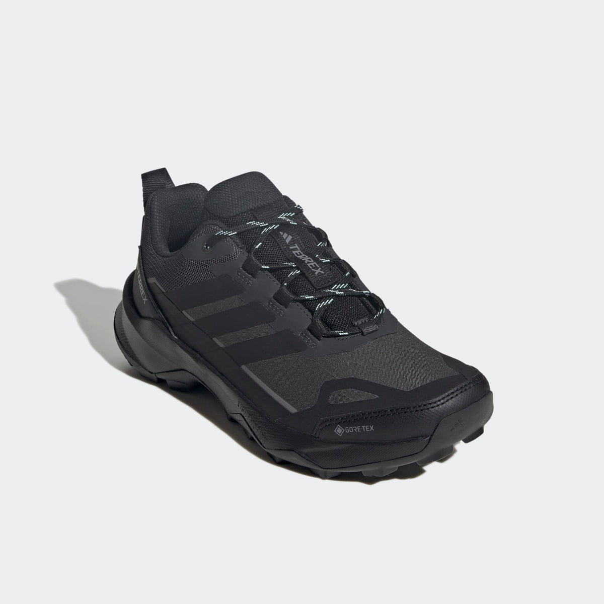 Adidas Terrex Skychaser AX5 GORE-TEX Hiking Shoes Women - Front Lateral Top View - Carbon / Core Black / Semi Flash Aqua