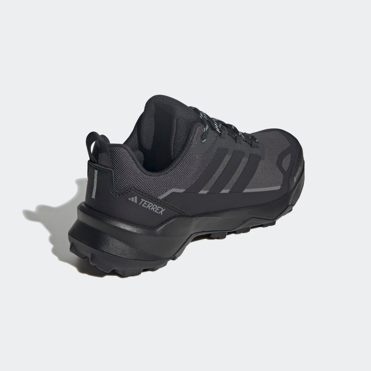 Adidas Terrex Skychaser AX5 GORE-TEX Hiking Shoes Women - Back Lateral Top View - Carbon / Core Black / Semi Flash Aqua