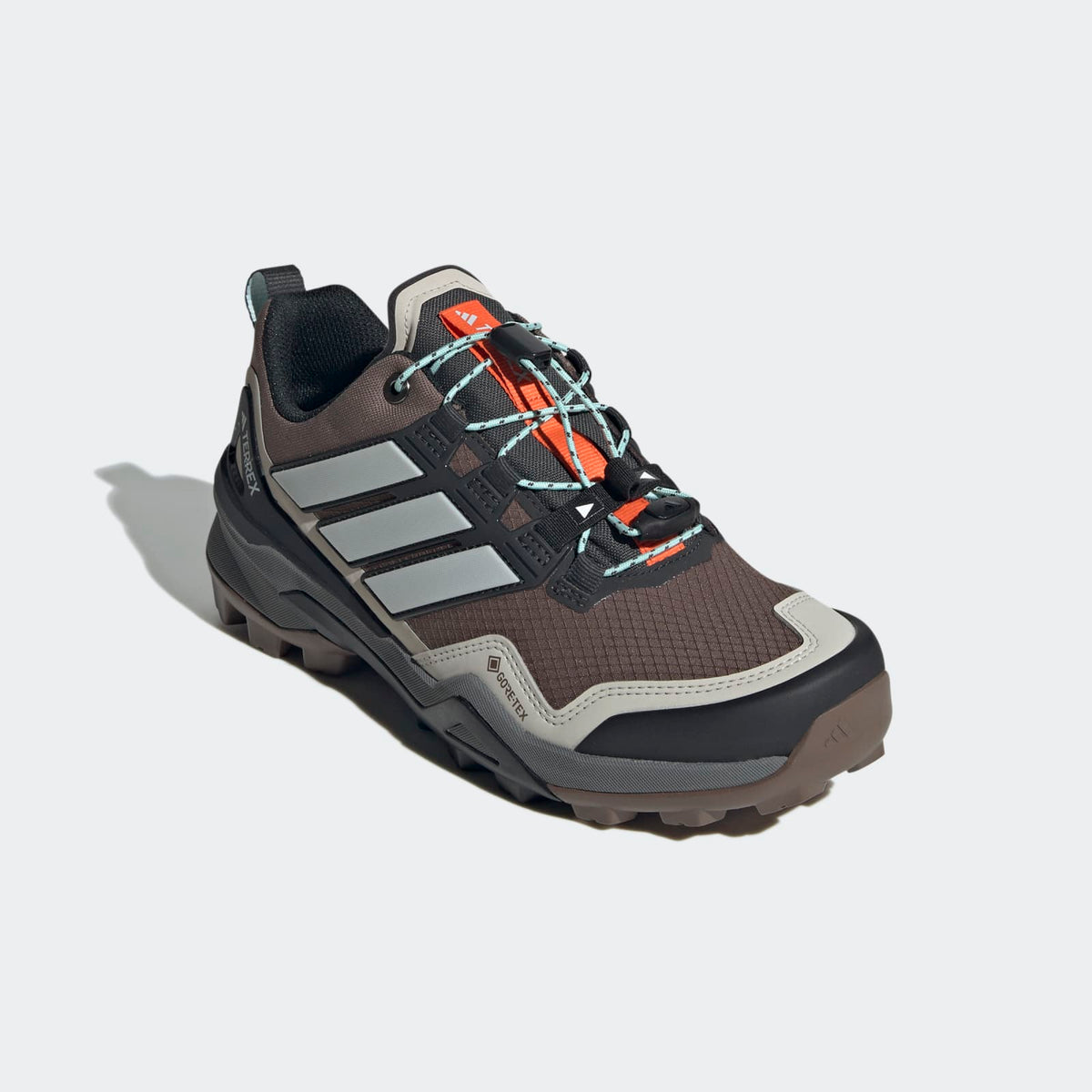 Adidas Terrex Skychaser GORE-TEX Hiking Shoes Women - Front Lateral Top View - Earth Strata / Grey One / Semi Flash Aqua